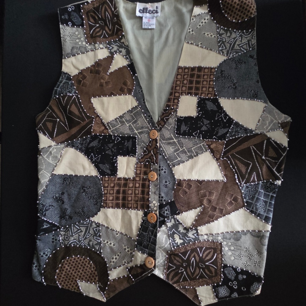 Effeci Vintage Patchwork Beaded Vest Womens Medium Brown Cotton Boho Batik Print